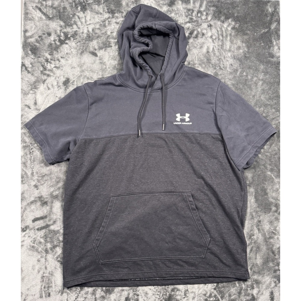Under Armour Mens 2XL Short Sleeve Hoodie Black Gray Pullover Logo